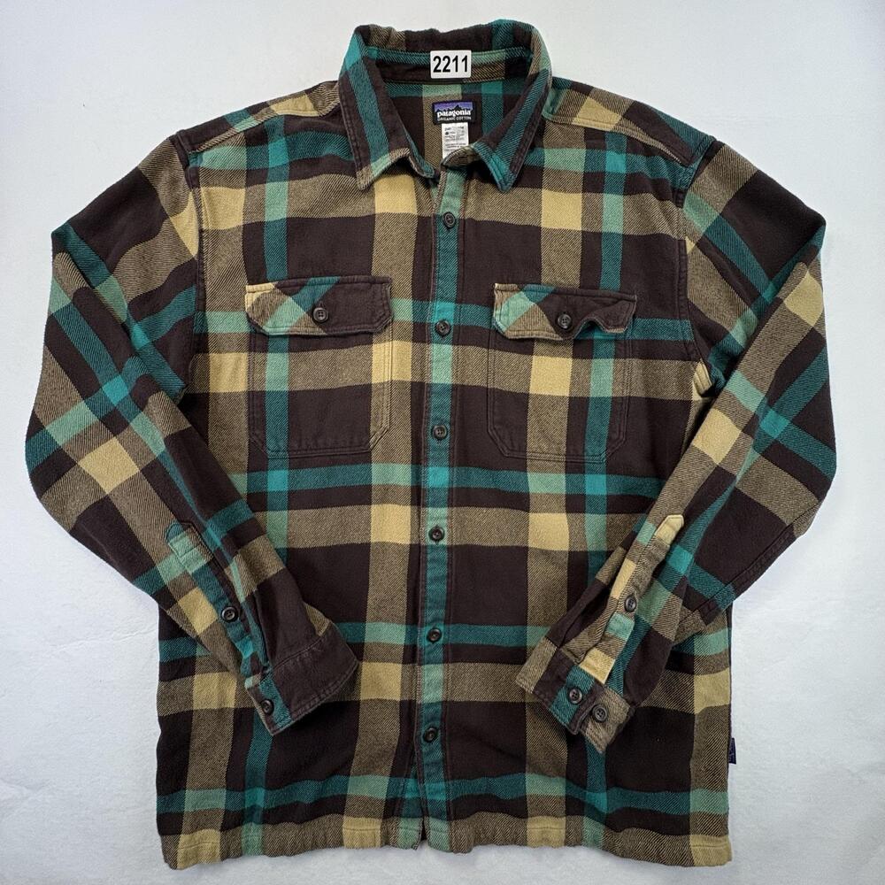 Patagonia Fjord Shirt Mens Large Brown Plaid Flannel Long Sleeve Button Up